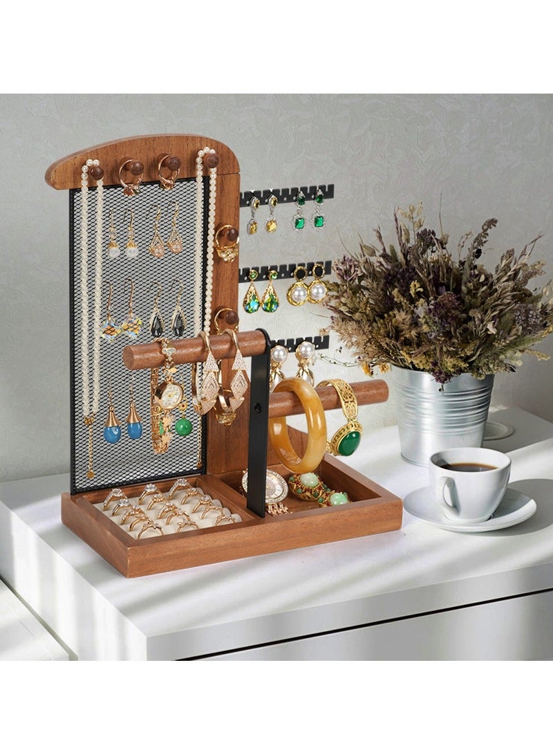 حامل منظم للمجوهرات مع صينية خاتم مخملية وإطار معدني قوي للقلادة والأقراط والأساور وعرض العطور ورف تخزين برج المجوهرات على شكل شجرة وصينية خشبية قابلة للإزالة للنساء - Image 3